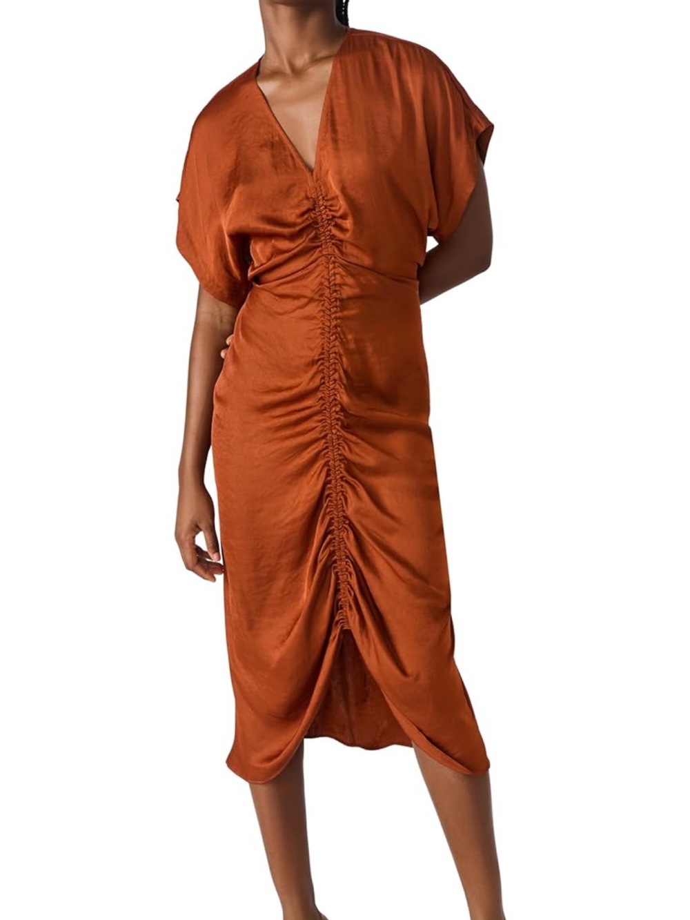 Steve Madden Aimee Rust Ruched V-Neck Midi Dress